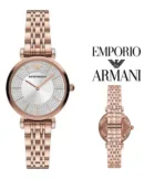 Emporio Armani Gianni T-Bar Crystals Silver Dial Rose Gold Steel Strap Watch For Women - AR11446